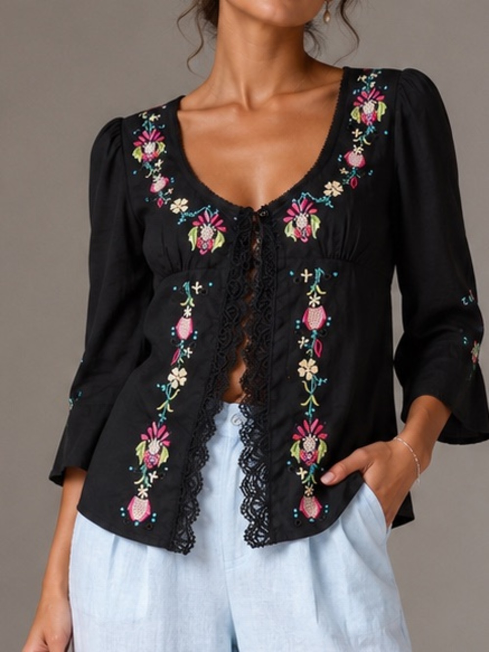 Express Black Bohemian style embroidered top size XS